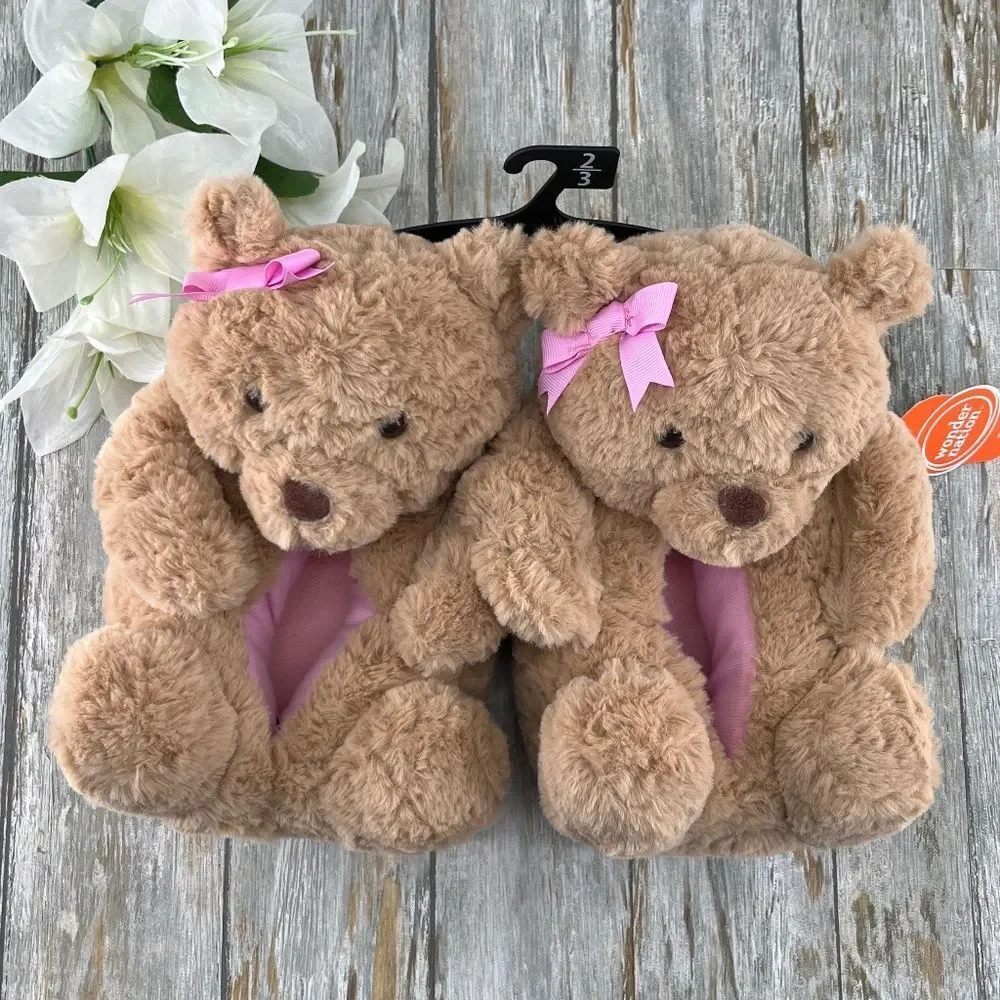 Little Girls Plush Teddy Bear Slippers Shoes Size 2/3